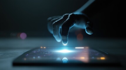 Glowing AI hand emerging from a tablet screen, softly reaching as a digital atmosphere envelops the blurred surroundings