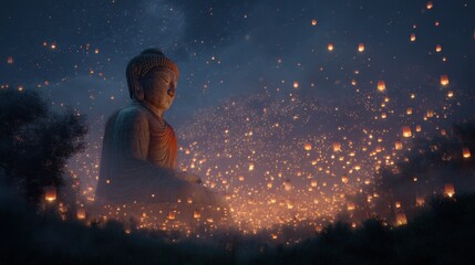 Giant Buddha statue surrounded by floating lanterns in a night forest with chanting monks and ethereal mist
