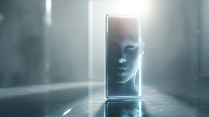 Glowing AI mirror reflecting a shimmering digital face in a softly blurred room with a faint gray haze