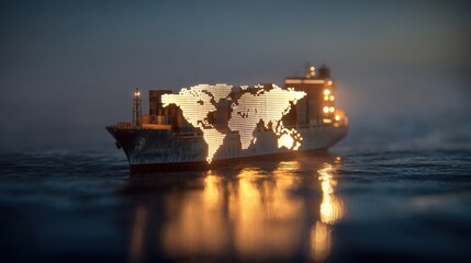 Glowing cargo ship with a world map design floating gently on a hazy ocean at dusk, symbolizing global connections and maritime journeys