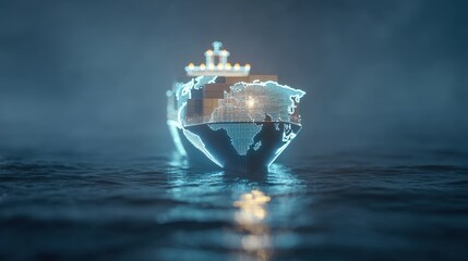 Glowing cargo ship sails across a hazy ocean with illuminated hull resembling a world map during a tranquil global voyage