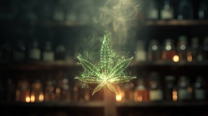 Glowing cannabis leaf with vibrant veins radiating light, set against a blurred apothecary shelf with a warm, healing ambiance