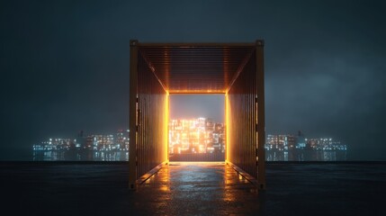 Glow from shipping container reveals tiny luminous city against blurred trade hub backdrop with gray haze