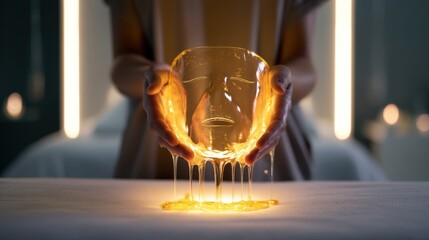Holding a radiant face mask that drips glowing golden droplets in a serene spa environment enhancing skincare beauty