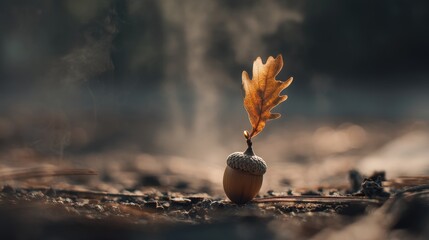 Thanksgiving acorn with a golden leaf sprouting warmly against a blurred forest floor