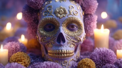 Sugar skull adorned with golden floral patterns surrounded by marigold flowers and flickering candles in a violet twilight setting, capturing cultural authenticity