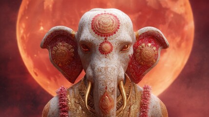 Ganesha celebrates under a blood moon, dancing amidst colors with intricate gold patterns and a broken tusk, radiating energy in a fiery atmosphere