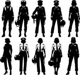 collection of vector sketch design illustrations of silhouettes of fighter and commercial aircraft pilots in the air