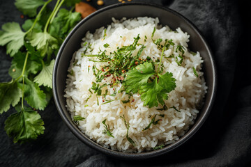 Steamed rice in bowl with aromatic herbs, top-down view, soft natural light