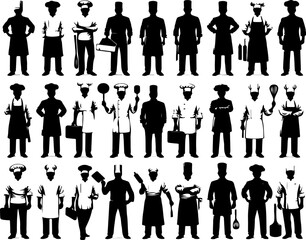 collection of vector sketch design images illustration silhouette chef cooking in 5 star kitchen