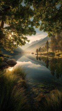 golden hour lake landscape with misty mountains framed by green leaves