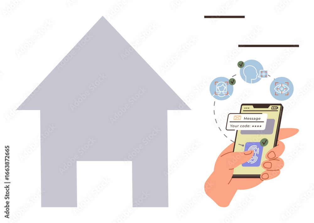 Poster hand using phone to input authentication code, smart home security system, automation icons. ideal f