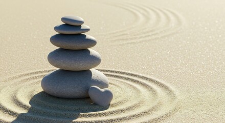 Serene Balance - A Heart Stone Leans on a Zen Cairn in Sunlit Sand.