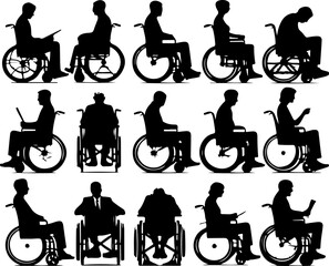 collection of vector sketches of illustrations of silhouettes of disabled people using wheelchairs
