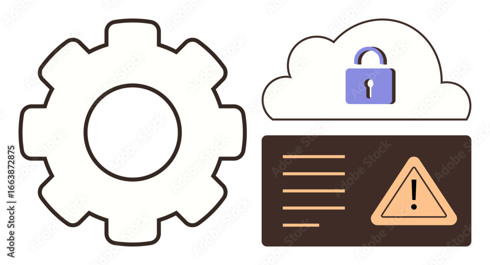 Poster gear for system maintenance, cloud with lock symbolizing data security, alert dashboard for warnings