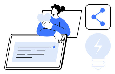 Woman embraces heart symbol near tablet with text. Sharing icon and light bulb representing creativity, social interaction, and innovation. Ideal for love, teamwork, ideas, inspiration