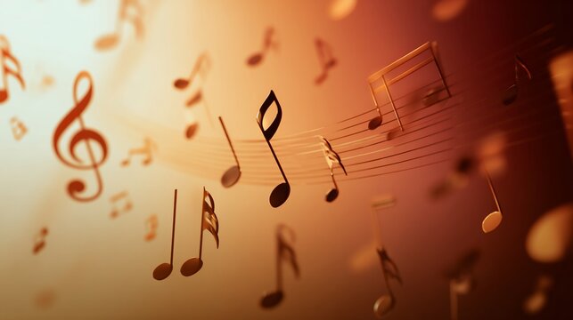 Golden music notes floating on staff lines, abstract and warm toned