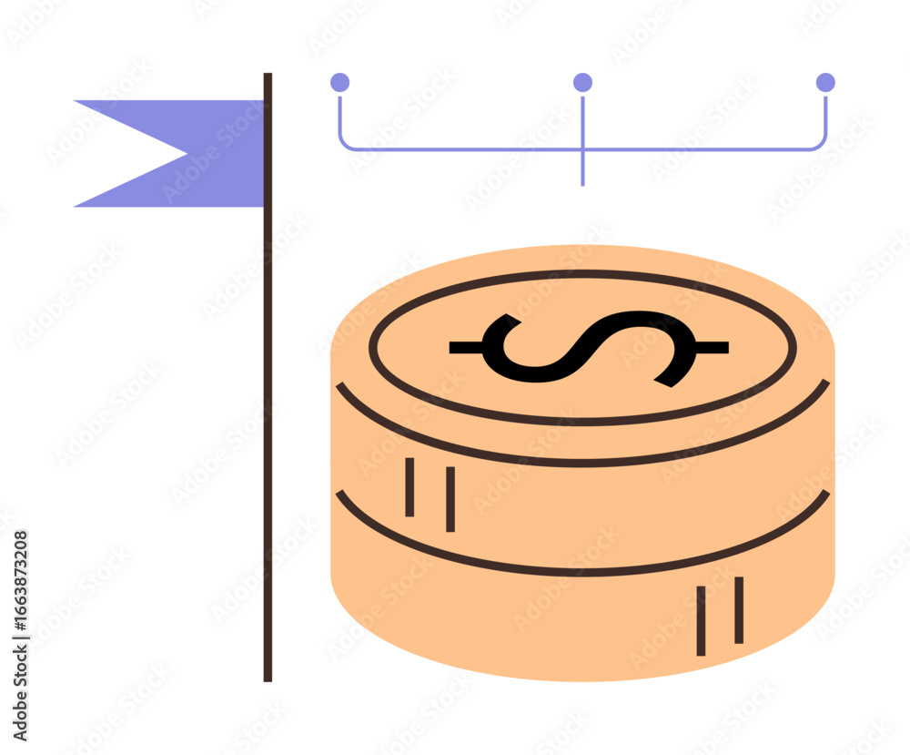 Poster stack of coins with dollar symbol next to a minimalist flag and schematic branching lines. ideal for
