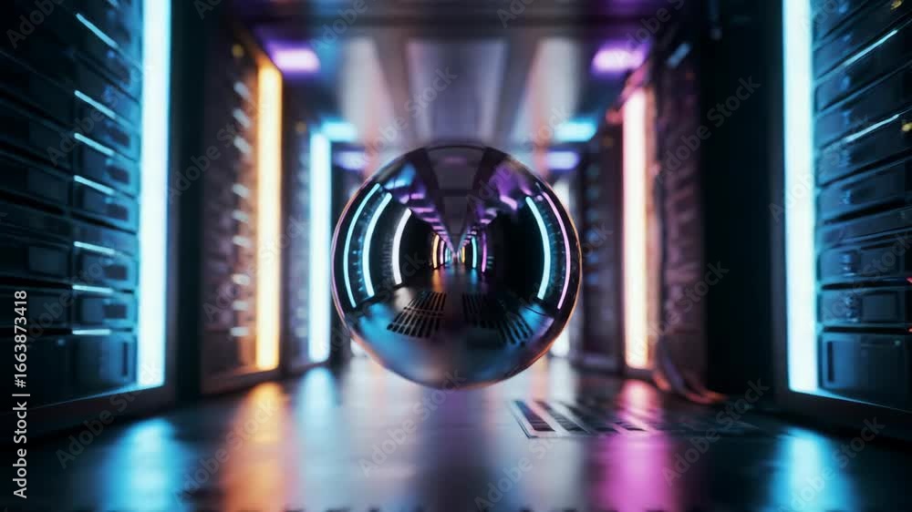 Aufkleber futuristic technology concept featuring a reflective sphere in a server room illuminated by colorful