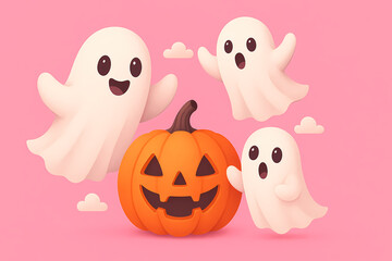 Cute cartoon ghosts celebrate Halloween with a jack-o'-lantern on a pink background Generative AI