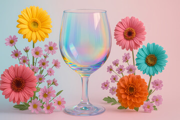 Colorful flower arrangement with a sparkling glass on a pastel background at a lively spring setting Generative AI