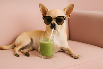 Chihuahua wearing sunglasses enjoying a green smoothie on a pink couch in a cozy indoor setting Generative AI