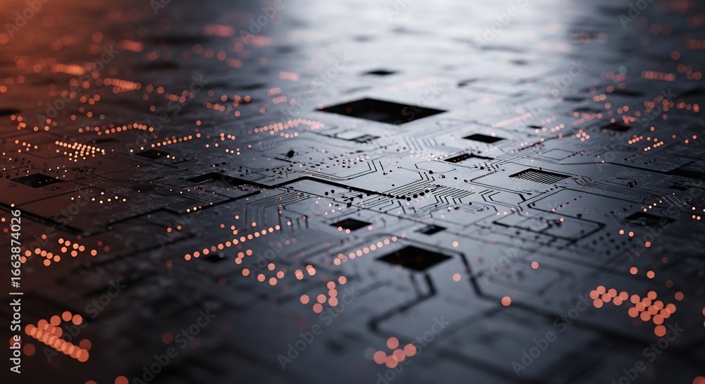 Poster futuristic high tech circuit board with glowing components.