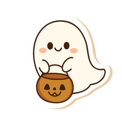 A kawaii ghost with a pumpkin basket, combining Halloween and cuteness, perfect for seasonal or spooky designs.