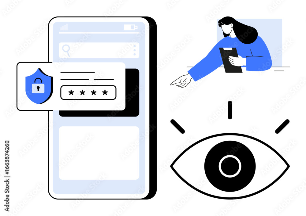 Poster smartphone with password input form and security shield, person holding clipboard, and eye icon symb