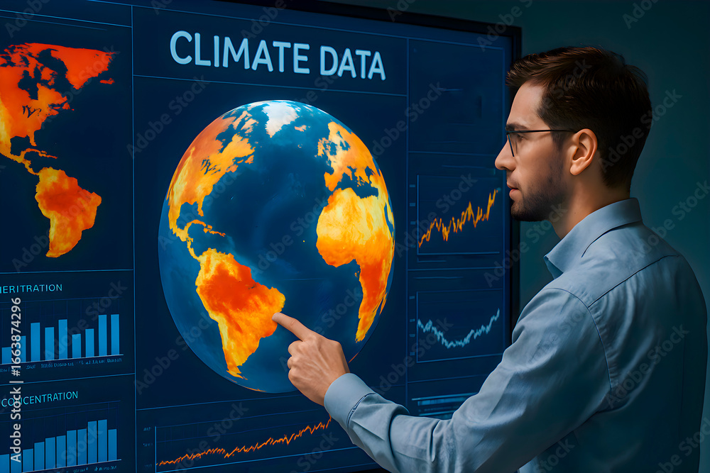 Poster man pointing at a large digital screen with a world map, illustrating global climate data, analytics
