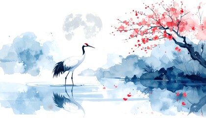 Moonlit Serenity: Watercolor Crane Reflecting in Water Under a Blossoming Sakura Tree. © Farzan
