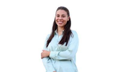 Portrait of a confident businesswoman smiling with crossed arms, isolated on a transparent background, ready for use in composites