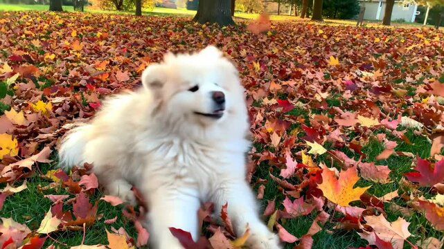 Joyful white Samoyed dog playing in autumn leaves outdoors, enjoying nature and fall colors.