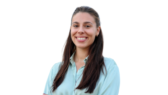 Confident businesswoman smiling, arms crossed, standing against transparent backdrop, perfect for professional graphic design layouts