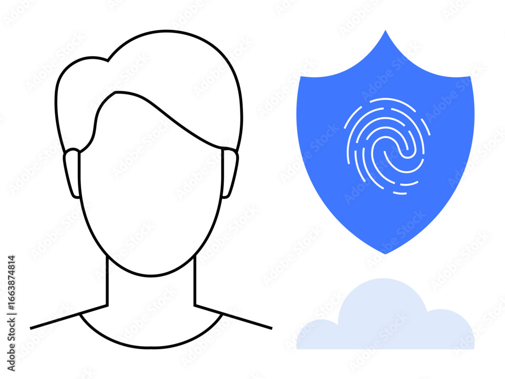 Poster outline of a person s head near a shield with a fingerprint and cloud symbolizing identity security,