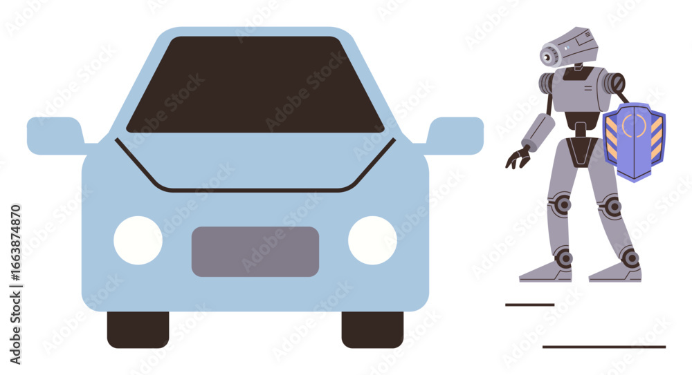 Poster autonomous vehicle facing humanoid robot equipped with shield automation, ai, robotics, technology, 