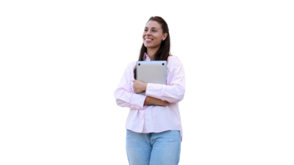 Confident businesswoman smiling, holding laptop, expressing professional success against clean background, representing workplace empowerment