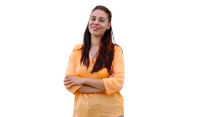 Professional businesswoman confidently posing, arms crossed, displaying executive presence against neutral backdrop