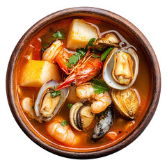 Parihuela or peruvian seafood soup isolated on transparent background
