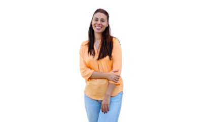 Studio shot of a cheerful woman with crossed arms, exuding confidence and approachability on a transparent background