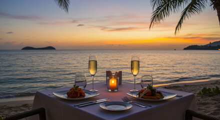 Romantic dinner setup on a beach at sunset with champagne glasses and ocean view in the background