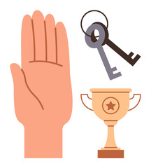 Raised hand, crossed keys, and a trophy symbolize honesty, access, and success. Ideal for trust, responsibility, leadership achievement opportunity commitment teamwork. Simple flat metaphor