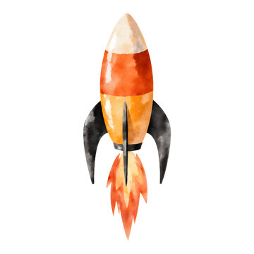 Watercolor candy corn rocket flying, funny Halloween illustration, isolated clipart