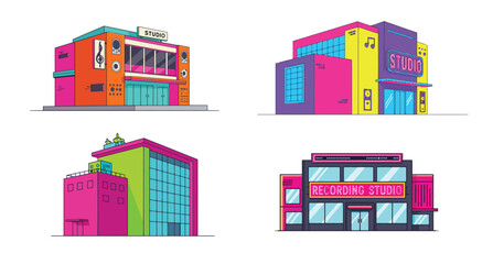 Fototapeta premium Stylized Flat Vector Illustration of Vibrant Music Recording Studio Buildings