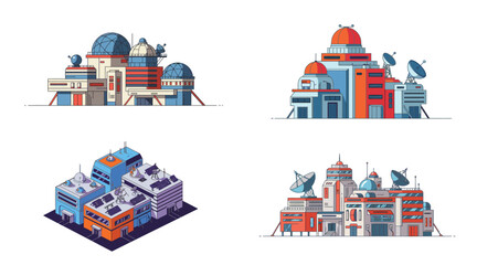 Stylized flat vector illustration showcasing vibrant space research center buildings