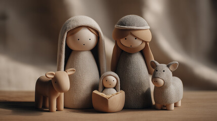 A crocheted set of baby Jesus in a manger with Mary, Joseph, three wise men