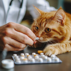 Red cat looking curious to medicine capsules on the table.