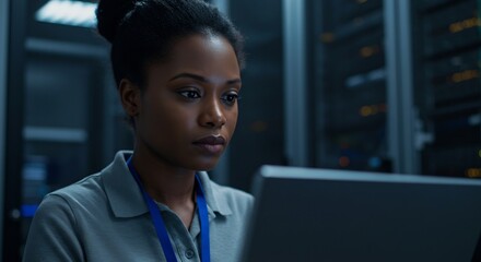 Intense Focus of a Female IT Engineer in a Blue-Lit, High-Tech Data Center.