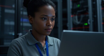 Focused Black Female IT Engineer Illuminated by a Laptop in a Dark Server Room.