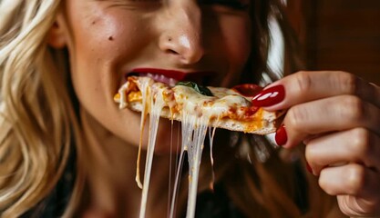 A close-up of a person with bold lipstick biting into a slice of gooey margherita pizza, melted mozzarella stretching
